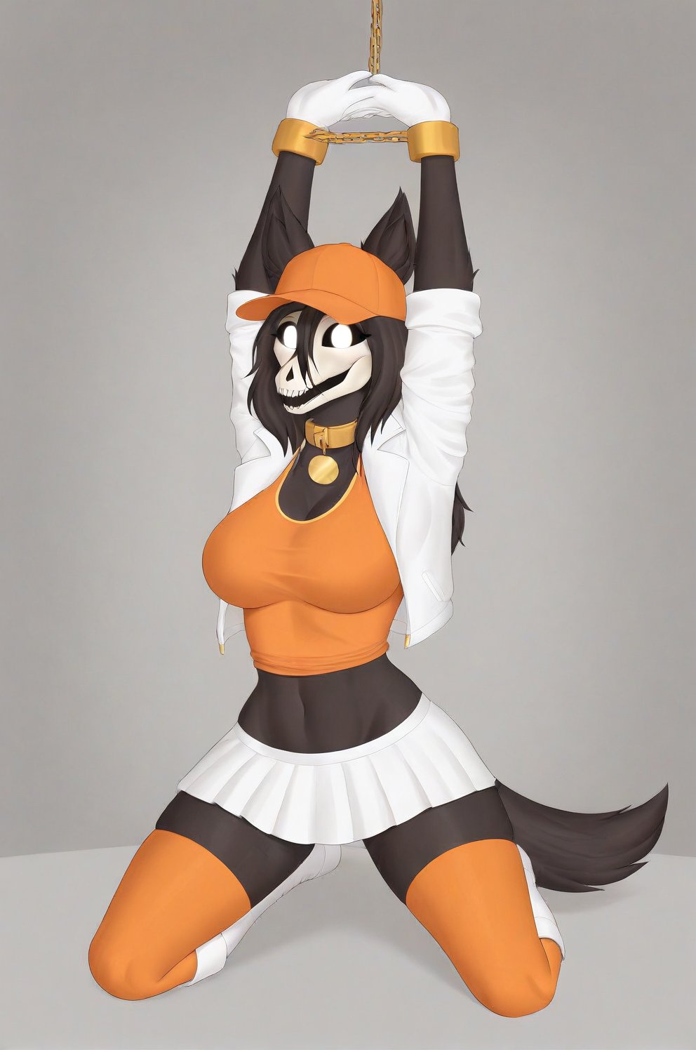 MalOXL, furry female, masterpiece, high quality, large breasts, scp-1471, black fur, orange top, white skirt, white jacket, flashing belly,arms up,cammystretch, stretching, kneeling, white boots, white gloves, golden chained hands, orange stockings, orange hat,  golden collar, white gloves, big boobs