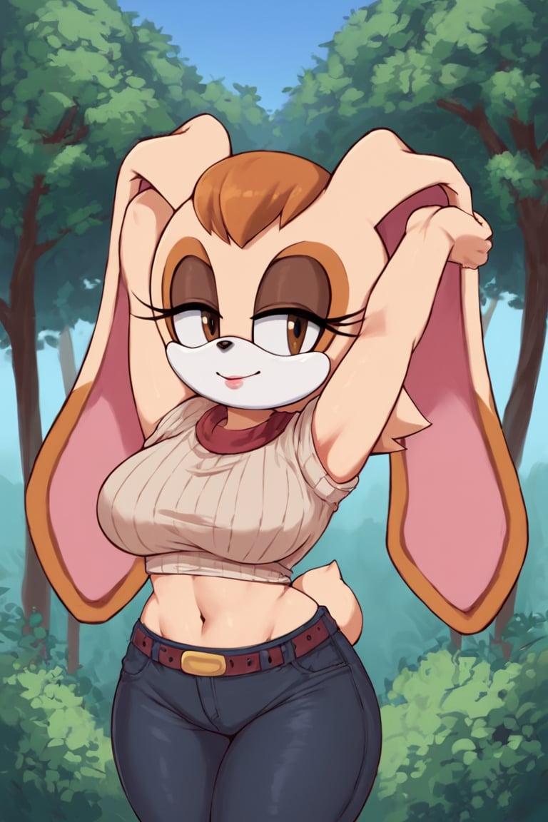 score_9, score_8_up, score_7_up, score_6_up, score_5_up, score_4_up, (Source sonic), (rating safe), vanilla the rabbit, 1girl, solo, outside, wearing black jeans, brown sweater, shirt cutout, large breasts, brown eyes, looking at viewer, standing, outside, trees, fall weather,  , wide hips, rabbit girl, short hair, body fur, dynamic pose, anime style,flashing belly,stomach_punch,cammystretch, stretching,leaning forward,arms up, RakkunVTSDXL,Big_Boobs,Huge_Boobs_Anime,skirt,belt