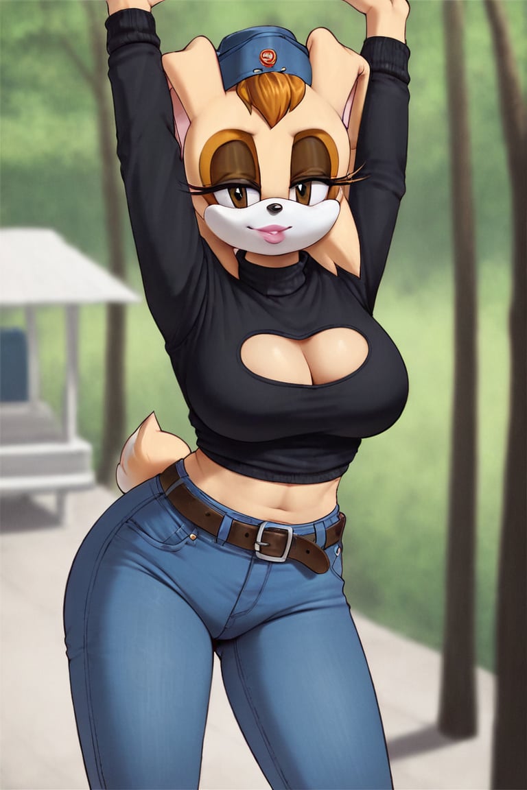 score_9, score_8_up, score_7_up, score_6_up, score_5_up, score_4_up, (Source sonic), (rating safe), vanilla the rabbit, 1girl, solo, outside, wearing blue jeans,  black sweater, shirt cutout, large breasts, brown eyes, looking at viewer, standing, outside, trees, fall weather,  , wide hips, rabbit girl, short hair, body fur, dynamic pose, anime style,flashing belly,cammystretch, stretching,leaning forward,arms up,stomach_punch,Soviet Military uniform,skirt,belt,garrison cap