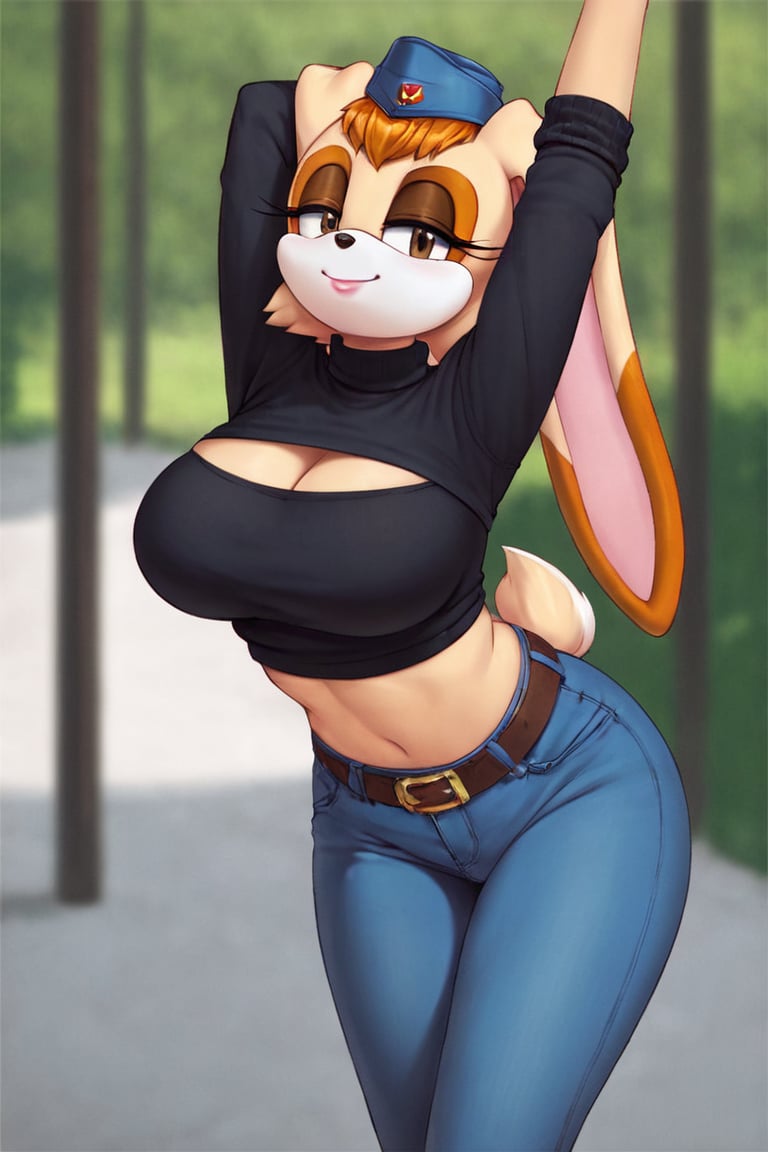 score_9, score_8_up, score_7_up, score_6_up, score_5_up, score_4_up, (Source sonic), (rating safe), vanilla the rabbit, 1girl, solo, outside, wearing blue jeans,  black sweater, shirt cutout, large breasts, brown eyes, looking at viewer, standing, outside, trees, fall weather,  , wide hips, rabbit girl, short hair, body fur, dynamic pose, anime style,flashing belly,cammystretch, stretching,leaning forward,arms up,stomach_punch,Soviet Military uniform,skirt,belt,garrison cap