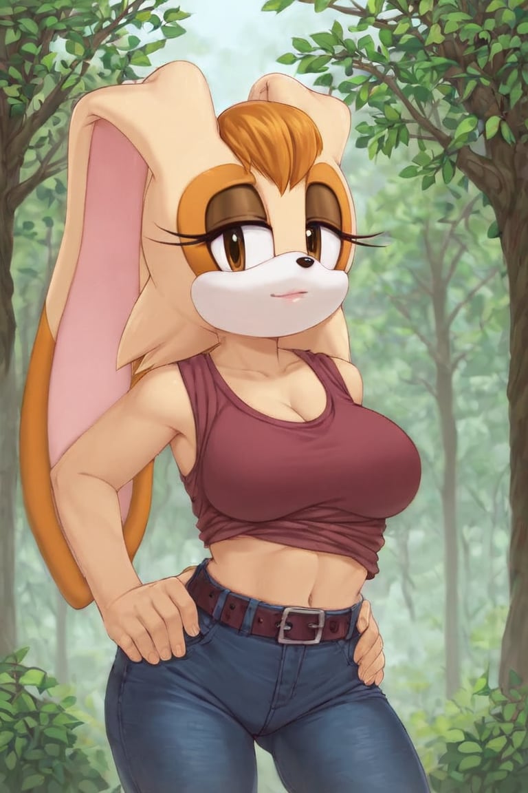 score_9, score_8_up, score_7_up, score_6_up, score_5_up, score_4_up, (Source sonic), (rating safe), vanilla the rabbit, 1girl, solo, outside, wearing black jeans, brown shirt, jacket, large breasts, brown eyes, looking at viewer, standing, outside, trees, fall weather,  , wide hips, rabbit girl, short hair, body fur, hands on hips, anime style,flashing belly,cammystretch, stretching,leaning forward,arms up,stomach_punch,skirt,belt