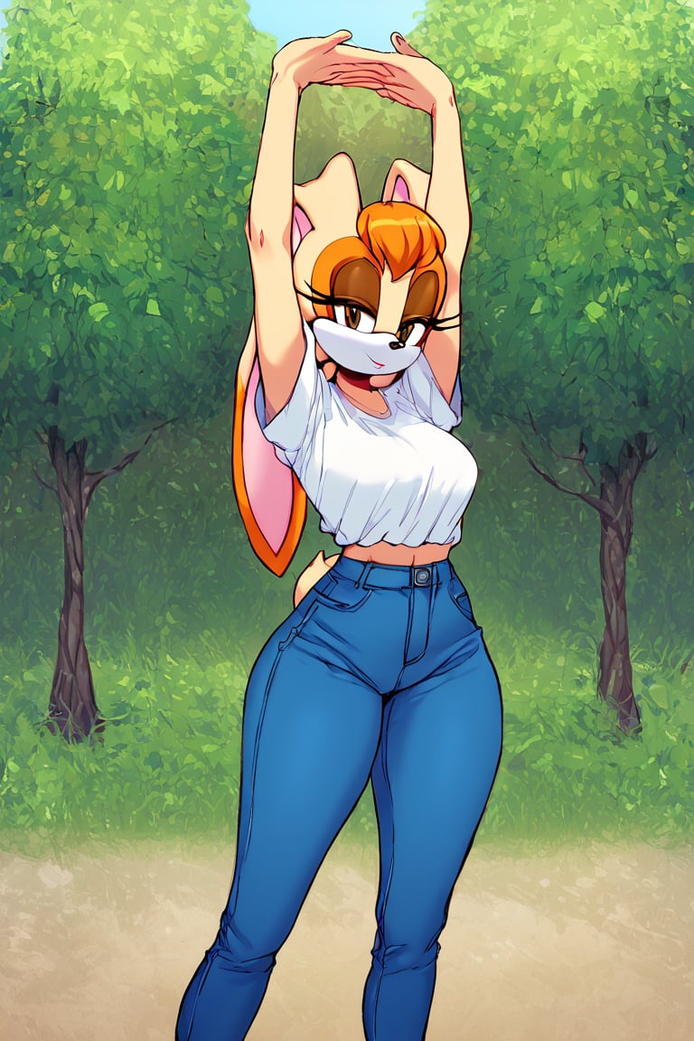 score_9, score_8_up, score_7_up, score_6_up, score_5_up, score_4_up, (Source sonic), (rating safe), vanilla the rabbit, 1girl, solo, outside, wearing blue jeans, white shirt, jacket, large breasts, brown eyes, looking at viewer, standing, outside, trees, fall weather,  , wide hips, rabbit girl, short hair, body fur, hands on hips, anime style,stomach_punch,arms up,cammystretch, stretching,flashing belly,sch00lg1rl