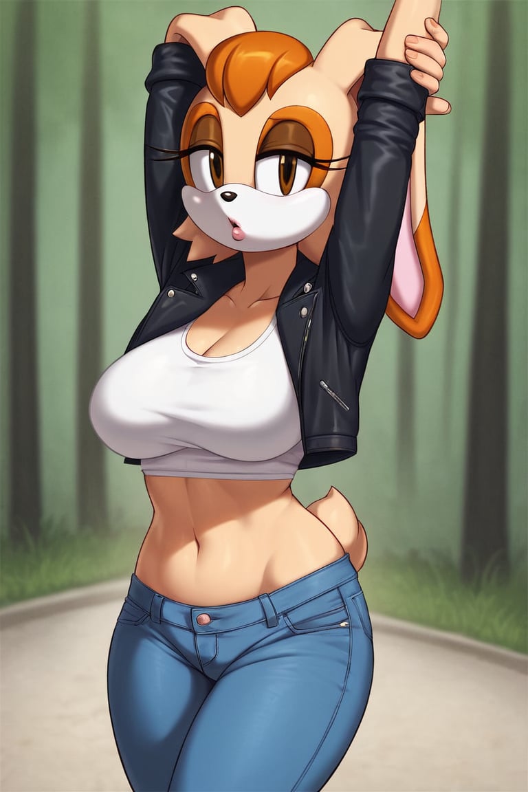 score_9, score_8_up, score_7_up, score_6_up, score_5_up, score_4_up, (Source sonic), (rating safe), vanilla the rabbit, 1girl, solo, outside, wearing blue jeans, white shirt, jacket, large breasts, brown eyes, looking at viewer, standing, outside, trees, fall weather,  , wide hips, rabbit girl, short hair, body fur, hands on hips, anime style,stomach_punch,arms up,cammystretch, stretching,flashing belly,sch00lg1rl,Sexy Girl