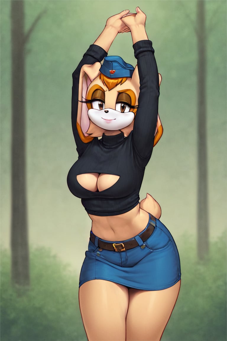 score_9, score_8_up, score_7_up, score_6_up, score_5_up, score_4_up, (Source sonic), (rating safe), vanilla the rabbit, 1girl, solo, outside, wearing blue jeans,  black sweater, shirt cutout, large breasts, brown eyes, looking at viewer, standing, outside, trees, fall weather,  , wide hips, rabbit girl, short hair, body fur, dynamic pose, anime style,flashing belly,cammystretch, stretching,leaning forward,arms up,stomach_punch,Soviet Military uniform,skirt,belt,garrison cap,skirt lift