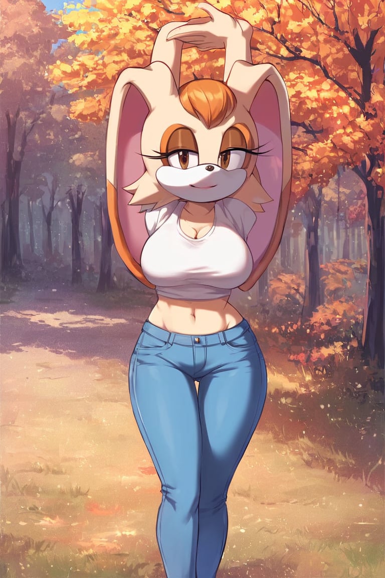 score_9, score_8_up, score_7_up, score_6_up, score_5_up, score_4_up, (Source sonic), (rating safe), vanilla the rabbit, 1girl, solo, outside, wearing blue jeans, white shirt, jacket, large breasts, brown eyes, looking at viewer, standing, outside, trees, fall weather,  , wide hips, rabbit girl, short hair, body fur, hands on hips, anime style,stomach_punch,arms up,cammystretch, stretching,flashing belly,sch00lg1rl,Sexy Girl