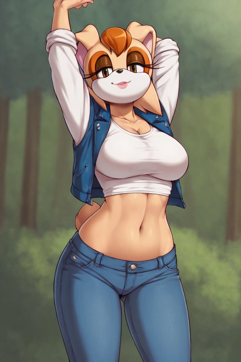 score_9, score_8_up, score_7_up, score_6_up, score_5_up, score_4_up, (Source sonic), (rating safe), vanilla the rabbit, 1girl, solo, outside, wearing blue jeans, white shirt, jacket, large breasts, brown eyes, looking at viewer, standing, outside, trees, fall weather,  , wide hips, rabbit girl, short hair, body fur, hands on hips, anime style,stomach_punch,arms up,cammystretch, stretching,flashing belly,sch00lg1rl,Sexy Girl