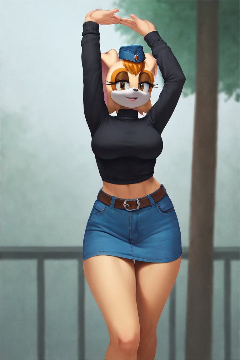 score_9, score_8_up, score_7_up, score_6_up, score_5_up, score_4_up, (Source sonic), (rating safe), vanilla the rabbit, 1girl, solo, outside, wearing blue jeans,  black sweater, shirt cutout, large breasts, brown eyes, looking at viewer, standing, outside, trees, fall weather,  , wide hips, rabbit girl, short hair, body fur, dynamic pose, anime style,flashing belly,cammystretch, stretching,leaning forward,arms up,stomach_punch,Soviet Military uniform,skirt,belt,garrison cap