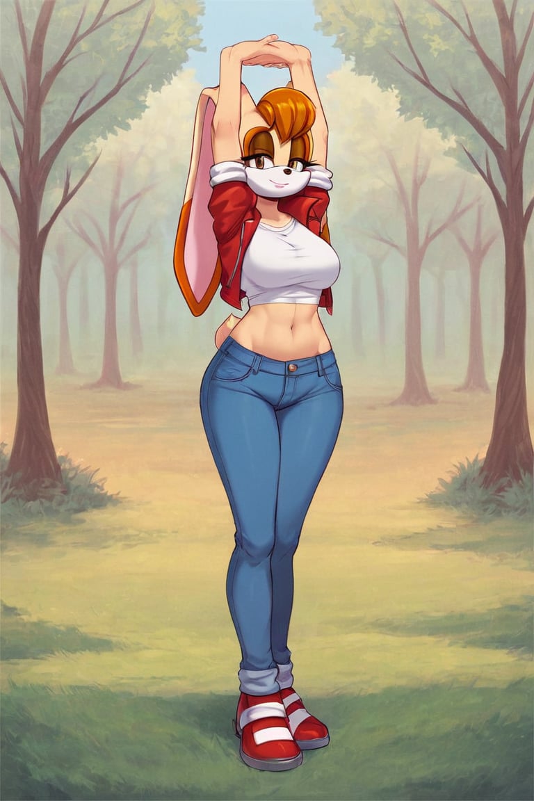 score_9, score_8_up, score_7_up, score_6_up, score_5_up, score_4_up, (Source sonic), (rating safe), vanilla the rabbit, 1girl, solo, outside, wearing blue jeans, white shirt, jacket, large breasts, brown eyes, looking at viewer, standing, outside, trees, fall weather,  , wide hips, rabbit girl, short hair, body fur, hands on hips, anime style,stomach_punch,arms up,cammystretch, stretching,flashing belly,sch00lg1rl,Sexy Girl