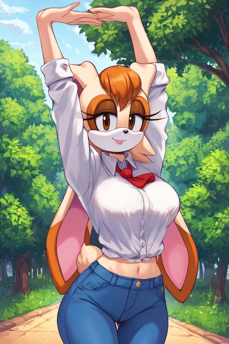 score_9, score_8_up, score_7_up, score_6_up, score_5_up, score_4_up, (Source sonic), (rating safe), vanilla the rabbit, 1girl, solo, outside, wearing blue jeans, white shirt, jacket, large breasts, brown eyes, looking at viewer, standing, outside, trees, fall weather,  , wide hips, rabbit girl, short hair, body fur, hands on hips, anime style,stomach_punch,arms up,cammystretch, stretching,flashing belly,sch00lg1rl,Sexy Girl