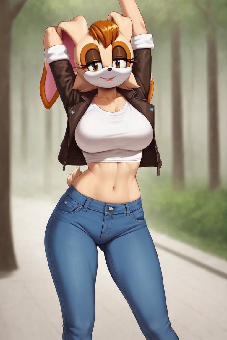 score_9, score_8_up, score_7_up, score_6_up, score_5_up, score_4_up, (Source sonic), (rating safe), vanilla the rabbit, 1girl, solo, outside, wearing blue jeans, white shirt, jacket, large breasts, brown eyes, looking at viewer, standing, outside, trees, fall weather,  , wide hips, rabbit girl, short hair, body fur, hands on hips, anime style,stomach_punch,arms up,cammystretch, stretching,flashing belly,sch00lg1rl