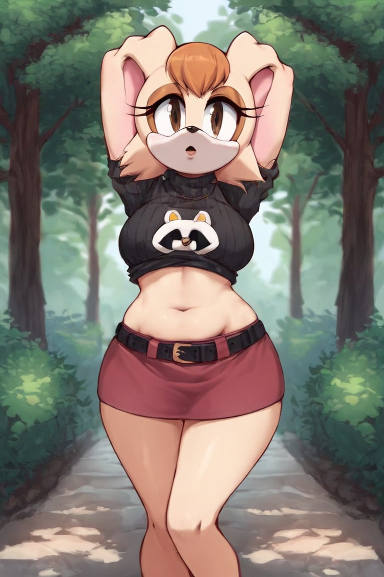 score_9, score_8_up, score_7_up, score_6_up, score_5_up, score_4_up, (Source sonic), (rating safe), vanilla the rabbit, 1girl, solo, outside, short sweater, shirt cutout, large breasts, brown eyes, looking at viewer, standing, outside, trees, fall weather,  , wide hips, rabbit girl, short hair, body fur, dynamic pose, anime style,flashing belly,stomach_punch,cammystretch, stretching,leaning forward,arms up, RakkunVTSDXL,Big_Boobs,Huge_Boobs_Anime, short  skirt,belt