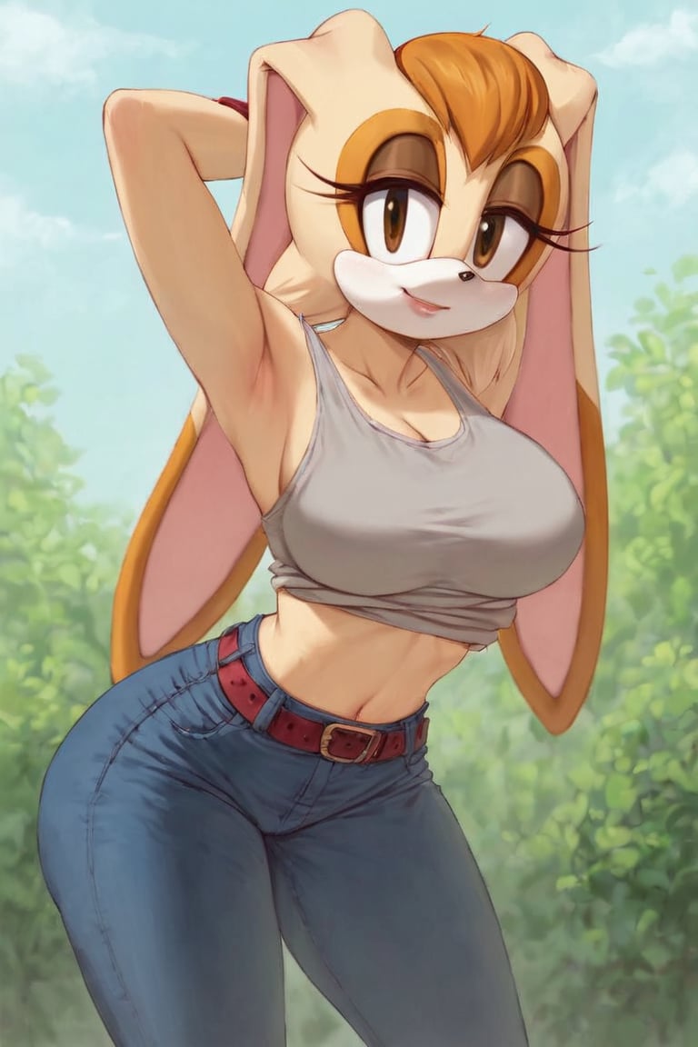 score_9, score_8_up, score_7_up, score_6_up, score_5_up, score_4_up, (Source sonic), (rating safe), vanilla the rabbit, 1girl, solo, outside, wearing black jeans, grey shirt, jacket, large breasts, brown eyes, looking at viewer, standing, outside, trees, fall weather,  , wide hips, rabbit girl, short hair, body fur, hands on hips, anime style,flashing belly,cammystretch, stretching,leaning forward,arms up,stomach_punch,skirt,belt