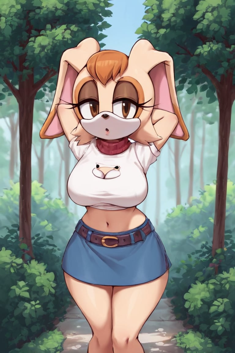 score_9, score_8_up, score_7_up, score_6_up, score_5_up, score_4_up, (Source sonic), (rating safe), vanilla the rabbit, 1girl, solo, outside, short sweater, shirt cutout, large breasts, brown eyes, looking at viewer, standing, outside, trees, fall weather,  , wide hips, rabbit girl, short hair, body fur, dynamic pose, anime style,flashing belly,stomach_punch,cammystretch, stretching,leaning forward,arms up, RakkunVTSDXL,Big_Boobs,Huge_Boobs_Anime, short  skirt,belt