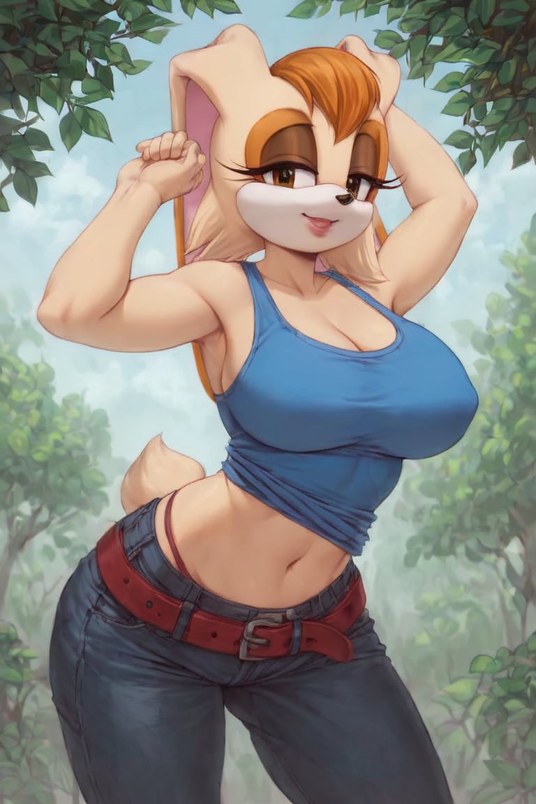 score_9, score_8_up, score_7_up, score_6_up, score_5_up, score_4_up, (Source sonic), (rating safe), vanilla the rabbit, 1girl, solo, outside, wearing black jeans, blue shirt, jacket, large breasts, brown eyes, looking at viewer, standing, outside, trees, fall weather,  , wide hips, rabbit girl, short hair, body fur, hands on hips, anime style,flashing belly,cammystretch, stretching,leaning forward,arms up,stomach_punch,skirt,belt