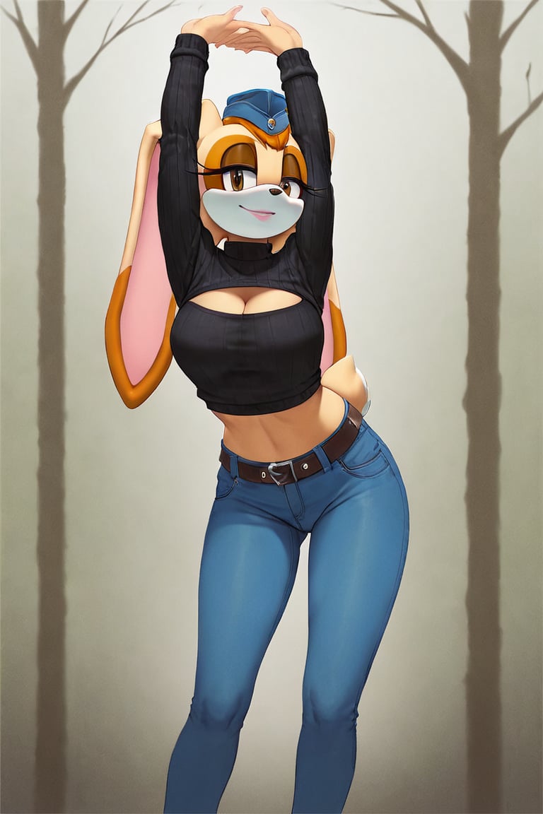 score_9, score_8_up, score_7_up, score_6_up, score_5_up, score_4_up, (Source sonic), (rating safe), vanilla the rabbit, 1girl, solo, outside, wearing blue jeans,  black sweater, shirt cutout, large breasts, brown eyes, looking at viewer, standing, outside, trees, fall weather,  , wide hips, rabbit girl, short hair, body fur, dynamic pose, anime style,flashing belly,cammystretch, stretching,leaning forward,arms up,stomach_punch,Soviet Military uniform,skirt,belt,garrison cap,Lady police 