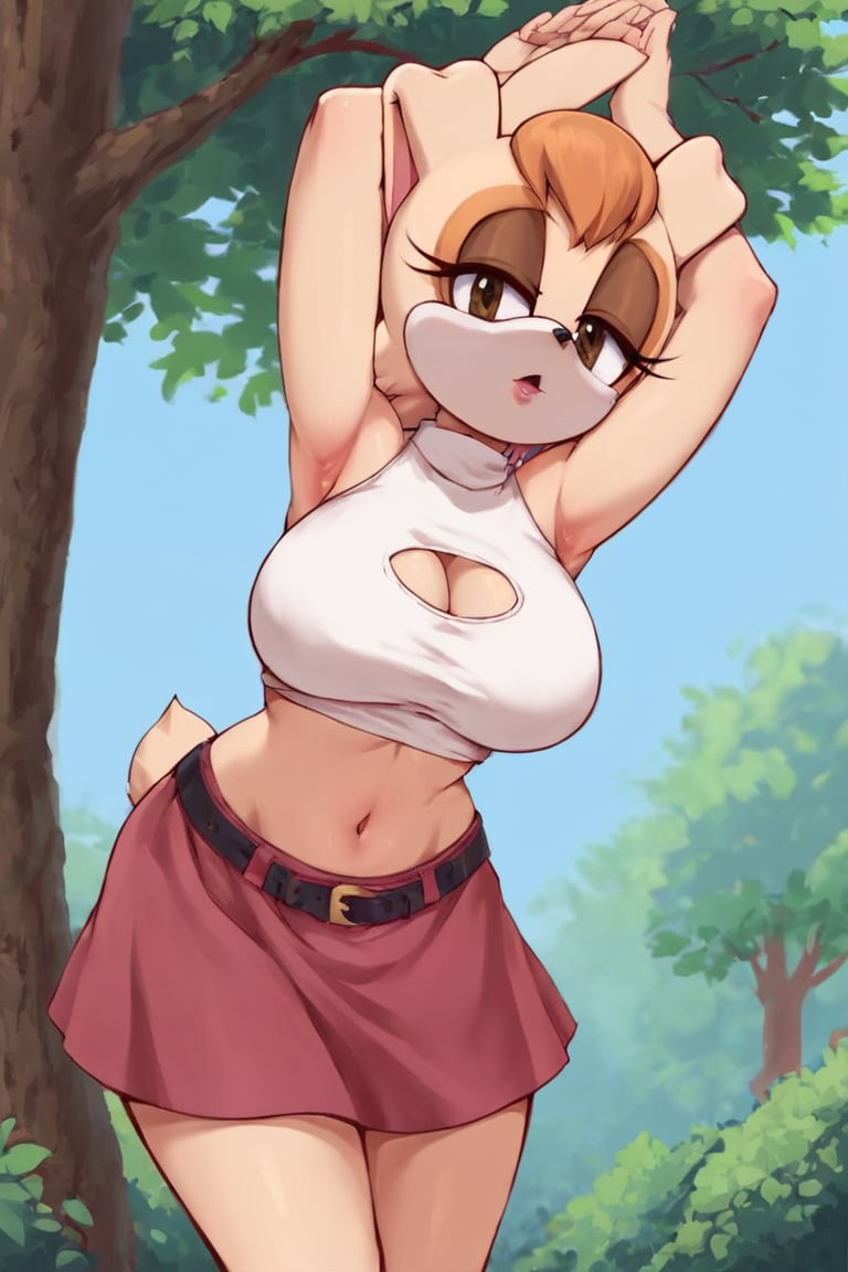 score_9, score_8_up, score_7_up, score_6_up, score_5_up, score_4_up, (Source sonic), (rating safe), vanilla the rabbit, 1girl, solo, outside, short sweater, shirt cutout, large breasts, brown eyes, looking at viewer, standing, outside, trees, fall weather,  , wide hips, rabbit girl, short hair, body fur, dynamic pose, anime style,flashing belly,stomach_punch,cammystretch, stretching,leaning forward,arms up, RakkunVTSDXL,Big_Boobs,Huge_Boobs_Anime, short  skirt,belt