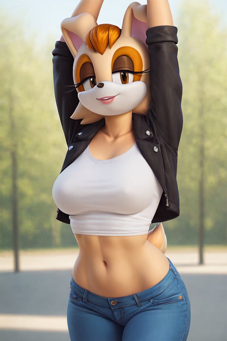 score_9, score_8_up, score_7_up, score_6_up, score_5_up, score_4_up, (Source sonic), (rating safe), vanilla the rabbit, 1girl, solo, outside, wearing blue jeans, white shirt, jacket, large breasts, brown eyes, looking at viewer, standing, outside, trees, fall weather,  , wide hips, rabbit girl, short hair, body fur, hands on hips, anime style,stomach_punch,arms up,cammystretch, stretching,flashing belly,sch00lg1rl,Sexy Girl