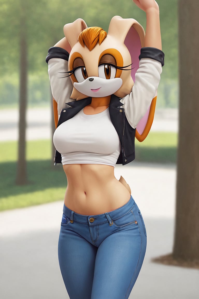 score_9, score_8_up, score_7_up, score_6_up, score_5_up, score_4_up, (Source sonic), (rating safe), vanilla the rabbit, 1girl, solo, outside, wearing blue jeans, white shirt, jacket, large breasts, brown eyes, looking at viewer, standing, outside, trees, fall weather,  , wide hips, rabbit girl, short hair, body fur, hands on hips, anime style,stomach_punch,arms up,cammystretch, stretching,flashing belly,sch00lg1rl