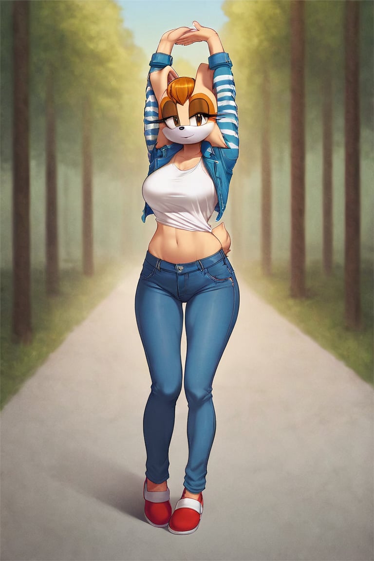 score_9, score_8_up, score_7_up, score_6_up, score_5_up, score_4_up, (Source sonic), (rating safe), vanilla the rabbit, 1girl, solo, outside, wearing blue jeans, white shirt, jacket, large breasts, brown eyes, looking at viewer, standing, outside, trees, fall weather,  , wide hips, rabbit girl, short hair, body fur, hands on hips, anime style,stomach_punch,arms up,cammystretch, stretching,flashing belly,sch00lg1rl,Sexy Girl