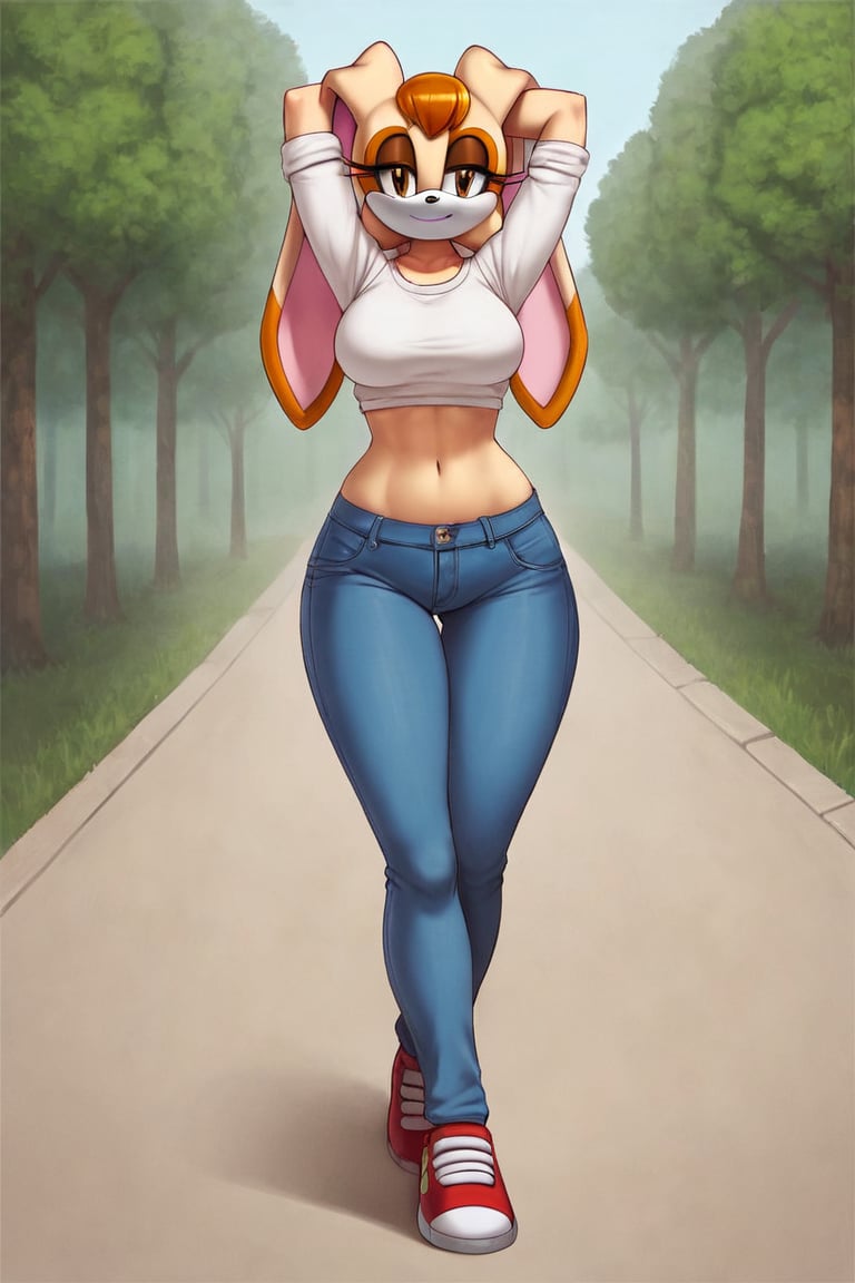 score_9, score_8_up, score_7_up, score_6_up, score_5_up, score_4_up, (Source sonic), (rating safe), vanilla the rabbit, 1girl, solo, outside, wearing blue jeans, white shirt, jacket, large breasts, brown eyes, looking at viewer, standing, outside, trees, fall weather,  , wide hips, rabbit girl, short hair, body fur, hands on hips, anime style,stomach_punch,arms up,cammystretch, stretching,flashing belly,sch00lg1rl