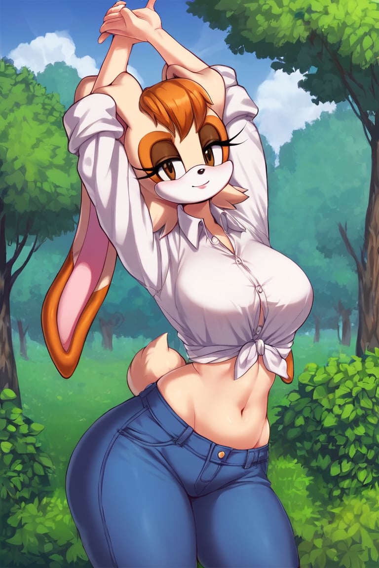 score_9, score_8_up, score_7_up, score_6_up, score_5_up, score_4_up, (Source sonic), (rating safe), vanilla the rabbit, 1girl, solo, outside, wearing blue jeans, white shirt, jacket, large breasts, brown eyes, looking at viewer, standing, outside, trees, fall weather,  , wide hips, rabbit girl, short hair, body fur, hands on hips, anime style,stomach_punch,arms up,cammystretch, stretching,flashing belly,sch00lg1rl,Sexy Girl