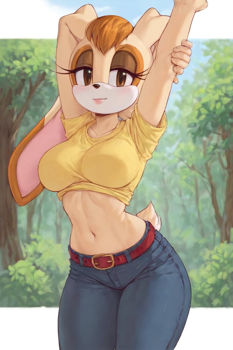 score_9, score_8_up, score_7_up, score_6_up, score_5_up, score_4_up, (Source sonic), (rating safe), vanilla the rabbit, 1girl, solo, outside, wearing black jeans, yellow shirt, jacket, large breasts, brown eyes, looking at viewer, standing, outside, trees, fall weather,  , wide hips, rabbit girl, short hair, body fur, hands on hips, anime style,flashing belly,cammystretch, stretching,leaning forward,arms up,stomach_punch,skirt,belt