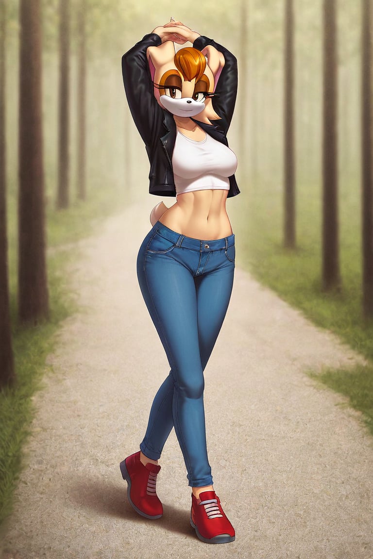 score_9, score_8_up, score_7_up, score_6_up, score_5_up, score_4_up, (Source sonic), (rating safe), vanilla the rabbit, 1girl, solo, outside, wearing blue jeans, white shirt, jacket, large breasts, brown eyes, looking at viewer, standing, outside, trees, fall weather,  , wide hips, rabbit girl, short hair, body fur, hands on hips, anime style,stomach_punch,arms up,cammystretch, stretching,flashing belly,sch00lg1rl,Sexy Girl