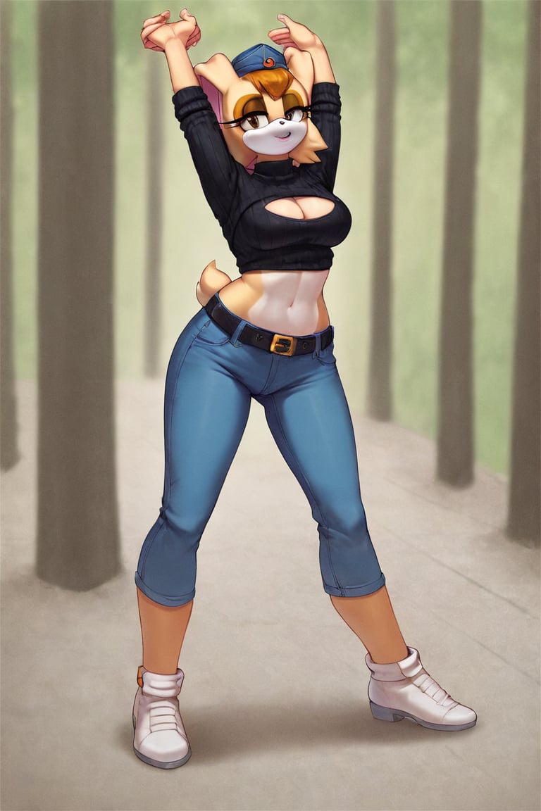 score_9, score_8_up, score_7_up, score_6_up, score_5_up, score_4_up, (Source sonic), (rating safe), vanilla the rabbit, 1girl, solo, outside, wearing blue jeans,  black sweater, shirt cutout, large breasts, brown eyes, looking at viewer, standing, outside, trees, fall weather,  , wide hips, rabbit girl, short hair, body fur, dynamic pose, anime style,flashing belly,cammystretch, stretching,leaning forward,arms up,stomach_punch,Soviet Military uniform,skirt,belt,garrison cap,skirt lift