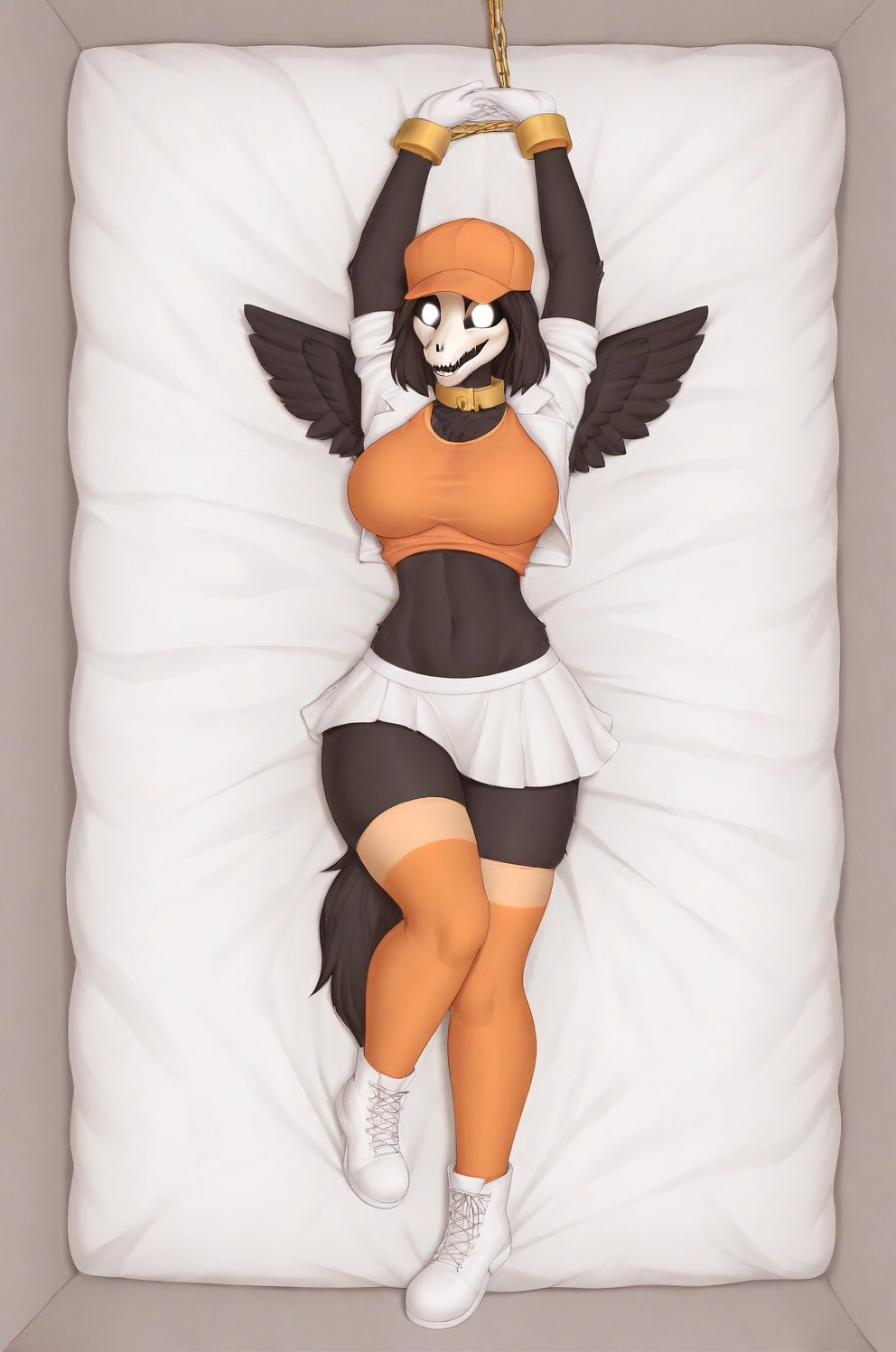 MalOXL, furry female, masterpiece, high quality, large breasts, scp-1471, black fur, orange top, white skirt, white jacket, flashing belly,arms up,cammystretch, stretching, lying in bed, white boots, white gloves, golden chained hands, orange stockings, orange hat,  golden collar, white gloves, big boobs, legs tied, small black wings