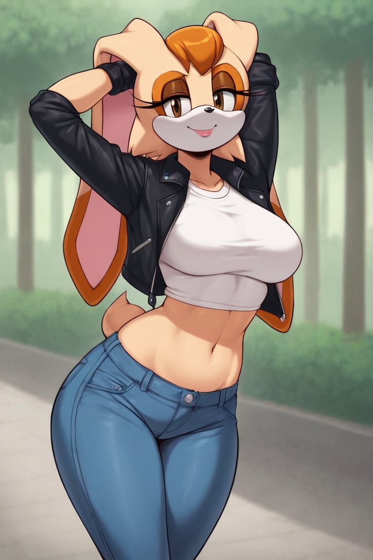 score_9, score_8_up, score_7_up, score_6_up, score_5_up, score_4_up, (Source sonic), (rating safe), vanilla the rabbit, 1girl, solo, outside, wearing blue jeans, white shirt, jacket, large breasts, brown eyes, looking at viewer, standing, outside, trees, fall weather,  , wide hips, rabbit girl, short hair, body fur, hands on hips, anime style,stomach_punch,arms up,cammystretch, stretching,flashing belly,sch00lg1rl