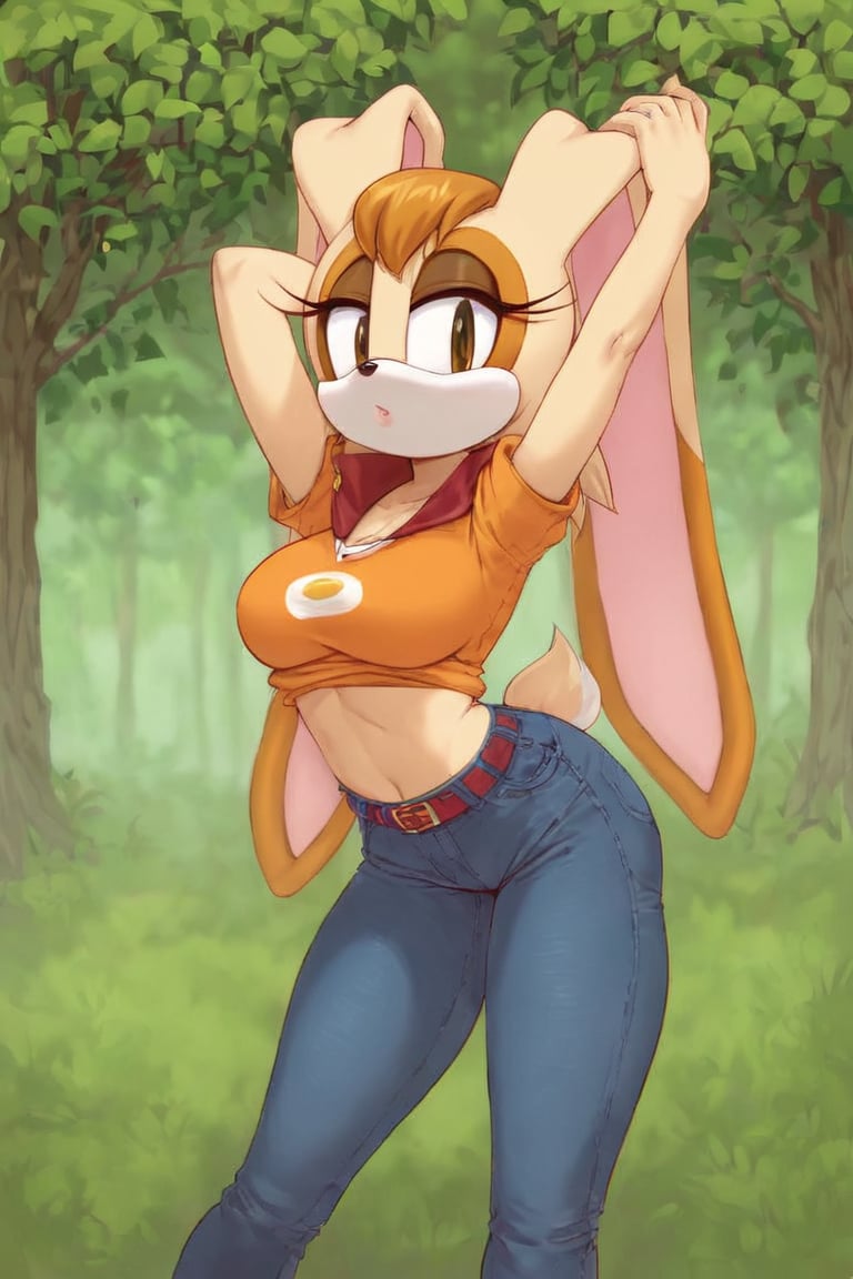 score_9, score_8_up, score_7_up, score_6_up, score_5_up, score_4_up, (Source sonic), (rating safe), vanilla the rabbit, 1girl, solo, outside, wearing black jeans, orange shirt, jacket, large breasts, brown eyes, looking at viewer, standing, outside, trees, fall weather,  , wide hips, rabbit girl, short hair, body fur, hands on hips, anime style,flashing belly,cammystretch, stretching,leaning forward,arms up,stomach_punch,skirt,belt