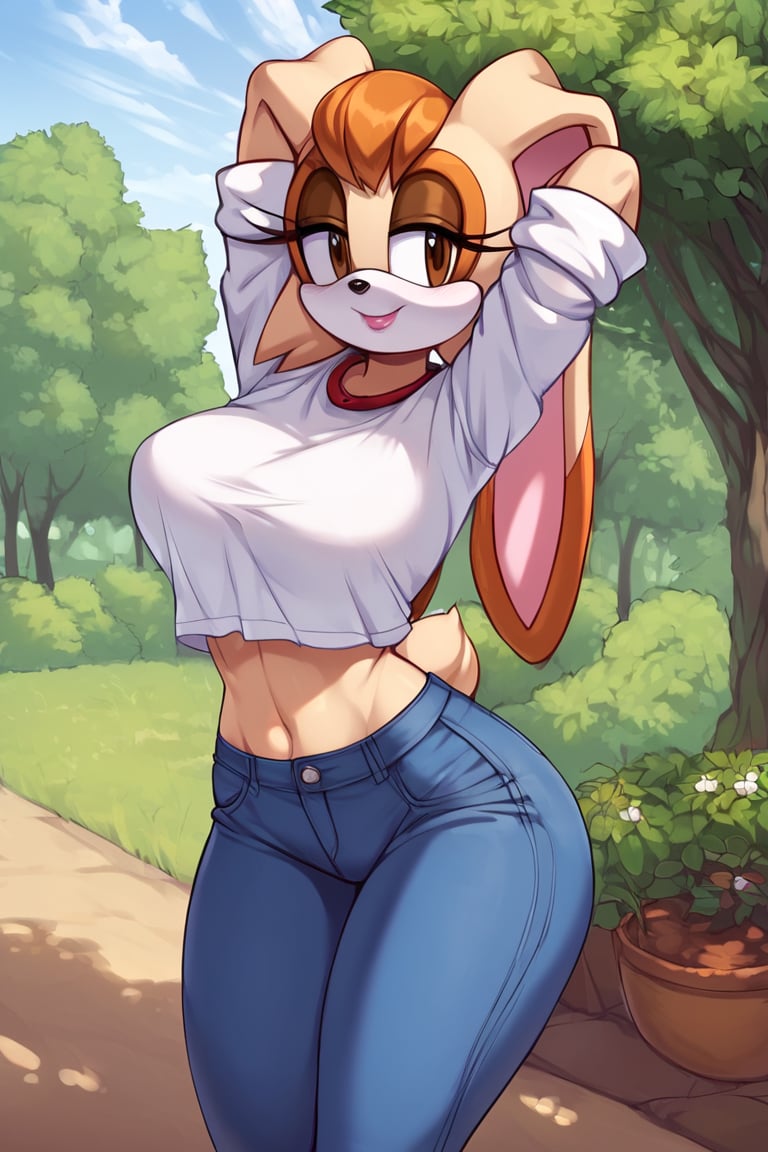 score_9, score_8_up, score_7_up, score_6_up, score_5_up, score_4_up, (Source sonic), (rating safe), vanilla the rabbit, 1girl, solo, outside, wearing blue jeans, white shirt, jacket, large breasts, brown eyes, looking at viewer, standing, outside, trees, fall weather,  , wide hips, rabbit girl, short hair, body fur, hands on hips, anime style,stomach_punch,arms up,cammystretch, stretching,flashing belly,sch00lg1rl,Sexy Girl