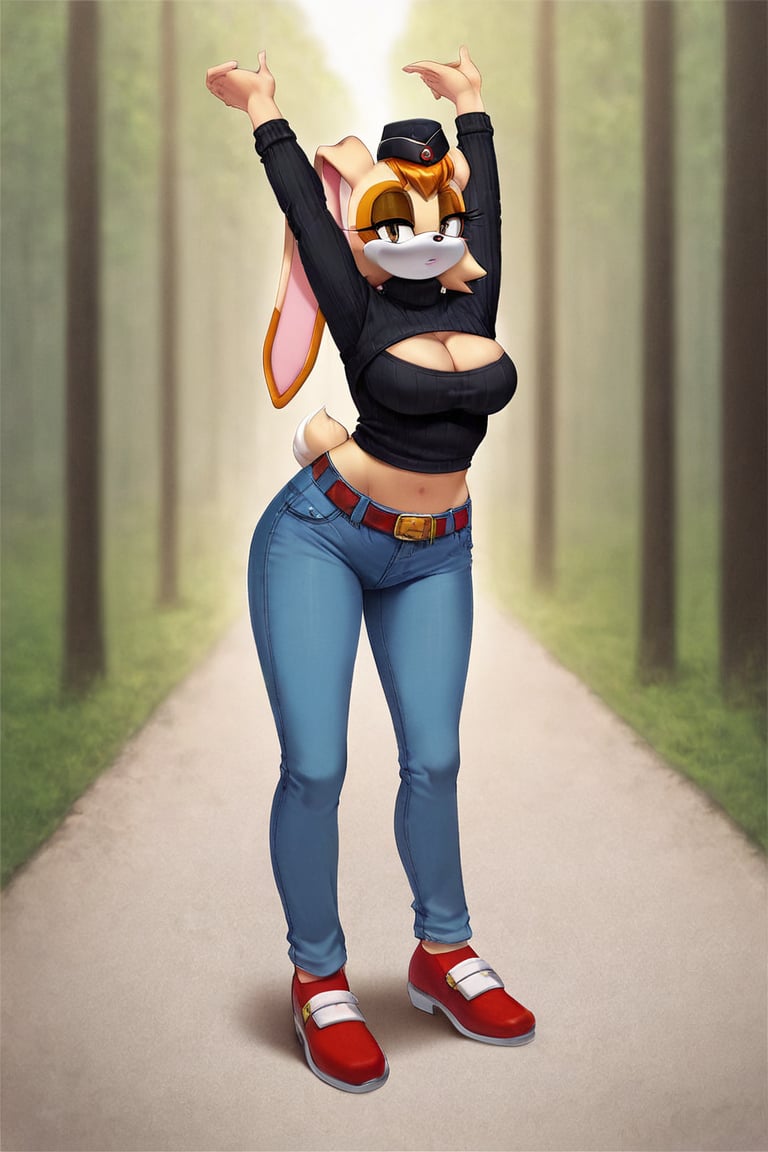 score_9, score_8_up, score_7_up, score_6_up, score_5_up, score_4_up, (Source sonic), (rating safe), vanilla the rabbit, 1girl, solo, outside, wearing blue jeans,  black sweater, shirt cutout, large breasts, brown eyes, looking at viewer, standing, outside, trees, fall weather,  , wide hips, rabbit girl, short hair, body fur, dynamic pose, anime style,flashing belly,cammystretch, stretching,leaning forward,arms up,stomach_punch,Soviet Military uniform,skirt,belt,garrison cap