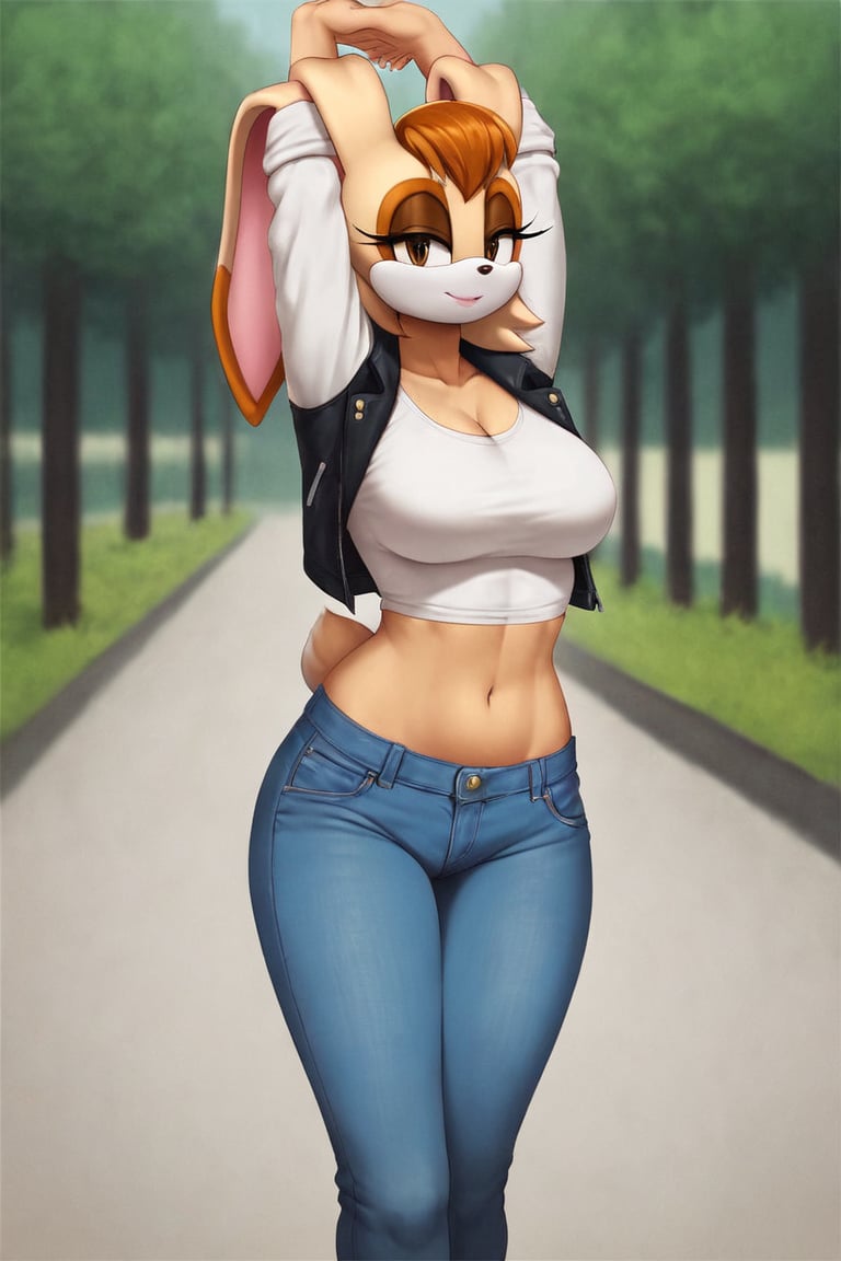 score_9, score_8_up, score_7_up, score_6_up, score_5_up, score_4_up, (Source sonic), (rating safe), vanilla the rabbit, 1girl, solo, outside, wearing blue jeans, white shirt, jacket, large breasts, brown eyes, looking at viewer, standing, outside, trees, fall weather,  , wide hips, rabbit girl, short hair, body fur, hands on hips, anime style,stomach_punch,arms up,cammystretch, stretching,flashing belly,sch00lg1rl