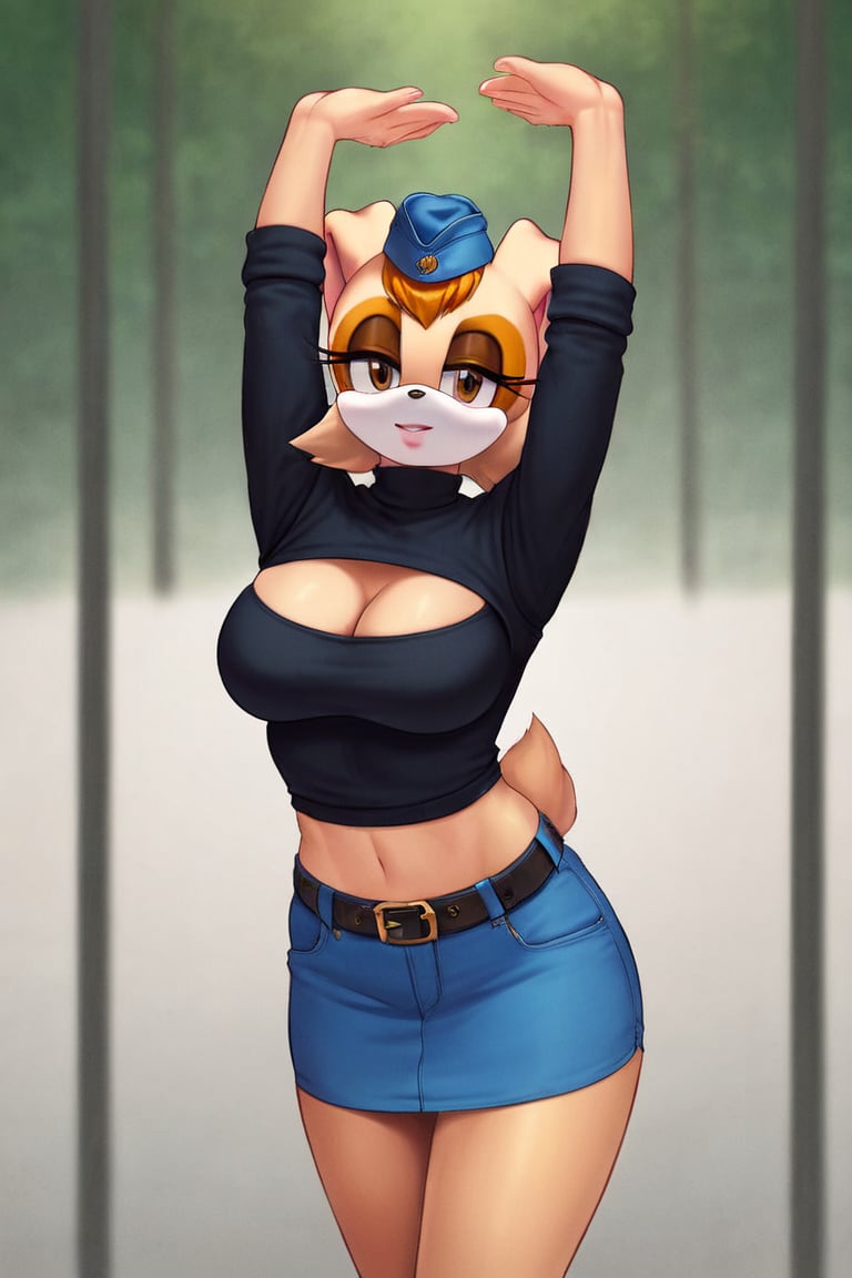 score_9, score_8_up, score_7_up, score_6_up, score_5_up, score_4_up, (Source sonic), (rating safe), vanilla the rabbit, 1girl, solo, outside, wearing blue jeans,  black sweater, shirt cutout, large breasts, brown eyes, looking at viewer, standing, outside, trees, fall weather,  , wide hips, rabbit girl, short hair, body fur, dynamic pose, anime style,flashing belly,cammystretch, stretching,leaning forward,arms up,stomach_punch,Soviet Military uniform,skirt,belt,garrison cap,Lady police 