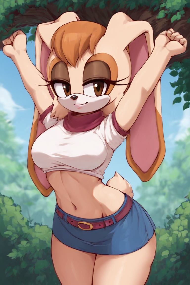 score_9, score_8_up, score_7_up, score_6_up, score_5_up, score_4_up, (Source sonic), (rating safe), vanilla the rabbit, 1girl, solo, outside, short sweater, shirt cutout, large breasts, brown eyes, looking at viewer, standing, outside, trees, fall weather,  , wide hips, rabbit girl, short hair, body fur, dynamic pose, anime style,flashing belly,stomach_punch,cammystretch, stretching,leaning forward,arms up, RakkunVTSDXL,Big_Boobs,Huge_Boobs_Anime, short  skirt,belt