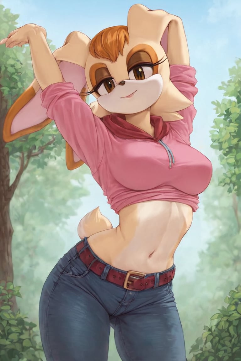 score_9, score_8_up, score_7_up, score_6_up, score_5_up, score_4_up, (Source sonic), (rating safe), vanilla the rabbit, 1girl, solo, outside, wearing black jeans, pink shirt, jacket, large breasts, brown eyes, looking at viewer, standing, outside, trees, fall weather,  , wide hips, rabbit girl, short hair, body fur, hands on hips, anime style,flashing belly,cammystretch, stretching,leaning forward,arms up,stomach_punch,skirt,belt