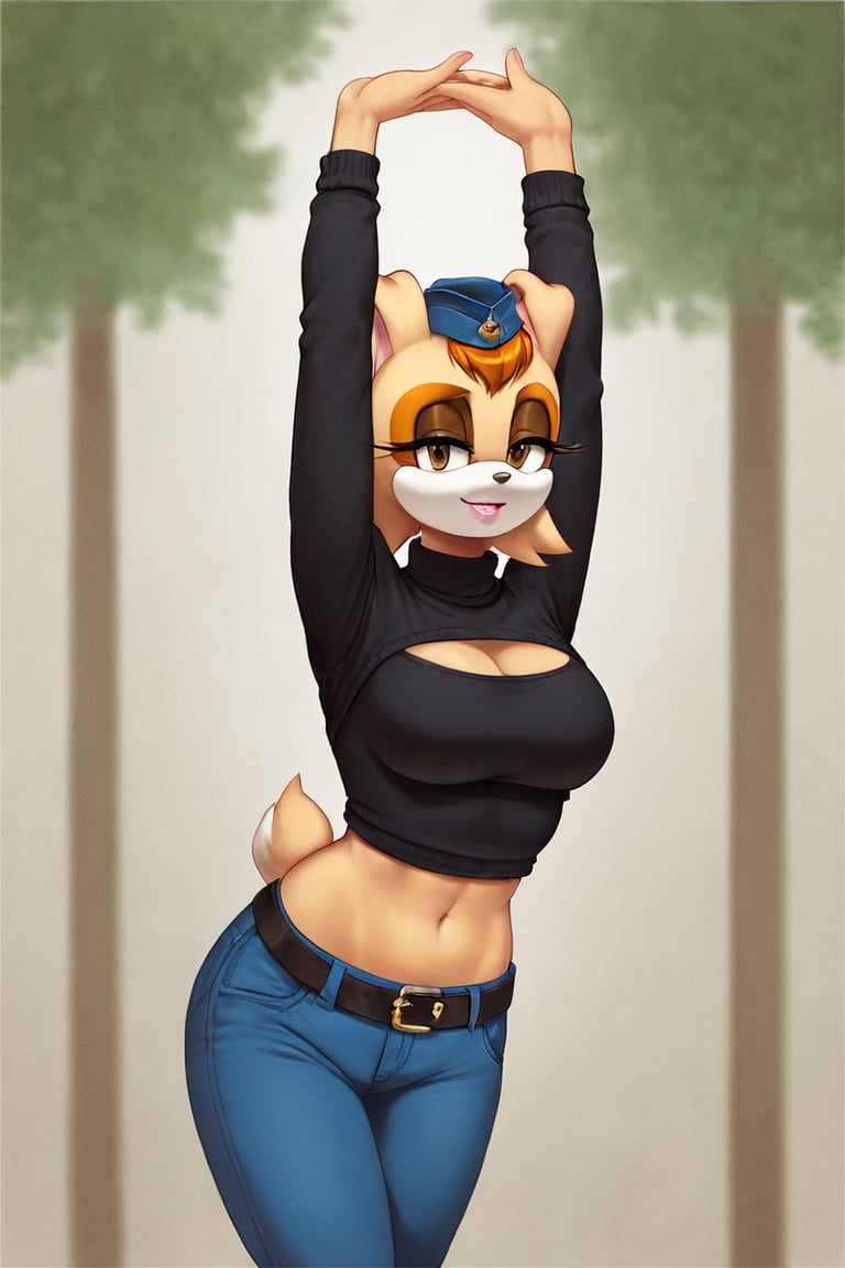 score_9, score_8_up, score_7_up, score_6_up, score_5_up, score_4_up, (Source sonic), (rating safe), vanilla the rabbit, 1girl, solo, outside, wearing blue jeans,  black sweater, shirt cutout, large breasts, brown eyes, looking at viewer, standing, outside, trees, fall weather,  , wide hips, rabbit girl, short hair, body fur, dynamic pose, anime style,flashing belly,cammystretch, stretching,leaning forward,arms up,stomach_punch,Soviet Military uniform,skirt,belt,garrison cap,Lady police 