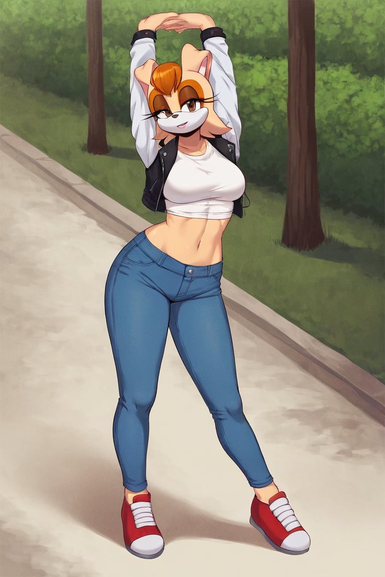 score_9, score_8_up, score_7_up, score_6_up, score_5_up, score_4_up, (Source sonic), (rating safe), vanilla the rabbit, 1girl, solo, outside, wearing blue jeans, white shirt, jacket, large breasts, brown eyes, looking at viewer, standing, outside, trees, fall weather,  , wide hips, rabbit girl, short hair, body fur, hands on hips, anime style,stomach_punch,arms up,cammystretch, stretching,flashing belly,sch00lg1rl,Sexy Girl