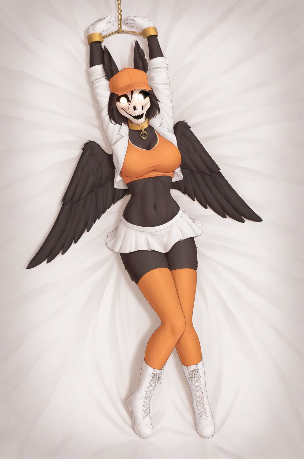 MalOXL, furry female, masterpiece, high quality, large breasts, scp-1471, black fur, orange top, white skirt, white jacket, flashing belly,arms up,cammystretch, stretching, lying in bed, white boots, white gloves, golden chained hands, orange stockings, orange hat,  golden collar, white gloves, big boobs, legs tied, black wings