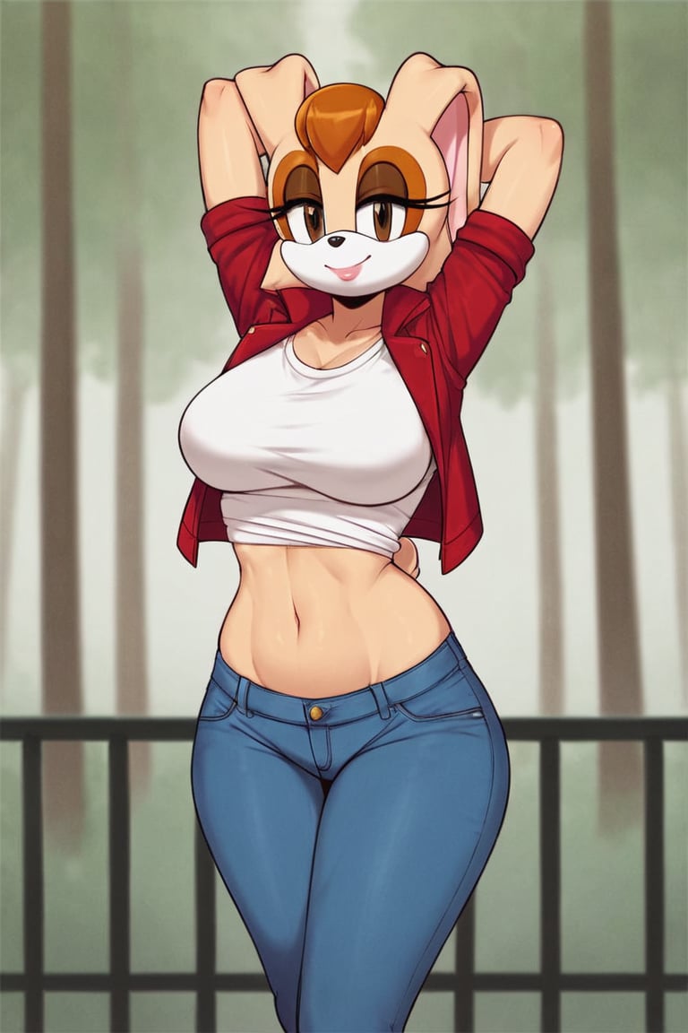 score_9, score_8_up, score_7_up, score_6_up, score_5_up, score_4_up, (Source sonic), (rating safe), vanilla the rabbit, 1girl, solo, outside, wearing blue jeans, white shirt, jacket, large breasts, brown eyes, looking at viewer, standing, outside, trees, fall weather,  , wide hips, rabbit girl, short hair, body fur, hands on hips, anime style,stomach_punch,arms up,cammystretch, stretching,flashing belly,sch00lg1rl,Sexy Girl