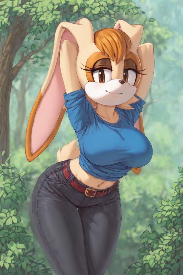 score_9, score_8_up, score_7_up, score_6_up, score_5_up, score_4_up, (Source sonic), (rating safe), vanilla the rabbit, 1girl, solo, outside, wearing black jeans, blue shirt, jacket, large breasts, brown eyes, looking at viewer, standing, outside, trees, fall weather,  , wide hips, rabbit girl, short hair, body fur, hands on hips, anime style,flashing belly,cammystretch, stretching,leaning forward,arms up,stomach_punch,skirt,belt