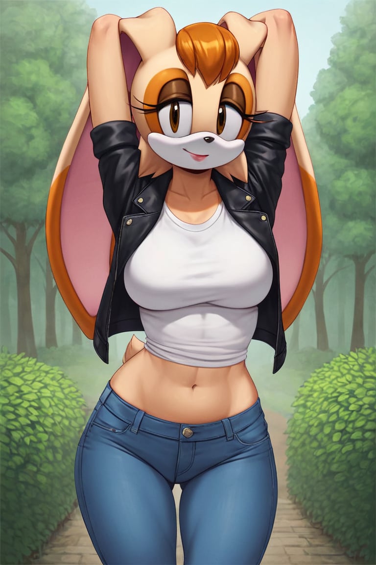 score_9, score_8_up, score_7_up, score_6_up, score_5_up, score_4_up, (Source sonic), (rating safe), vanilla the rabbit, 1girl, solo, outside, wearing blue jeans, white shirt, jacket, large breasts, brown eyes, looking at viewer, standing, outside, trees, fall weather,  , wide hips, rabbit girl, short hair, body fur, hands on hips, anime style,stomach_punch,arms up,cammystretch, stretching,flashing belly,sch00lg1rl,Sexy Girl