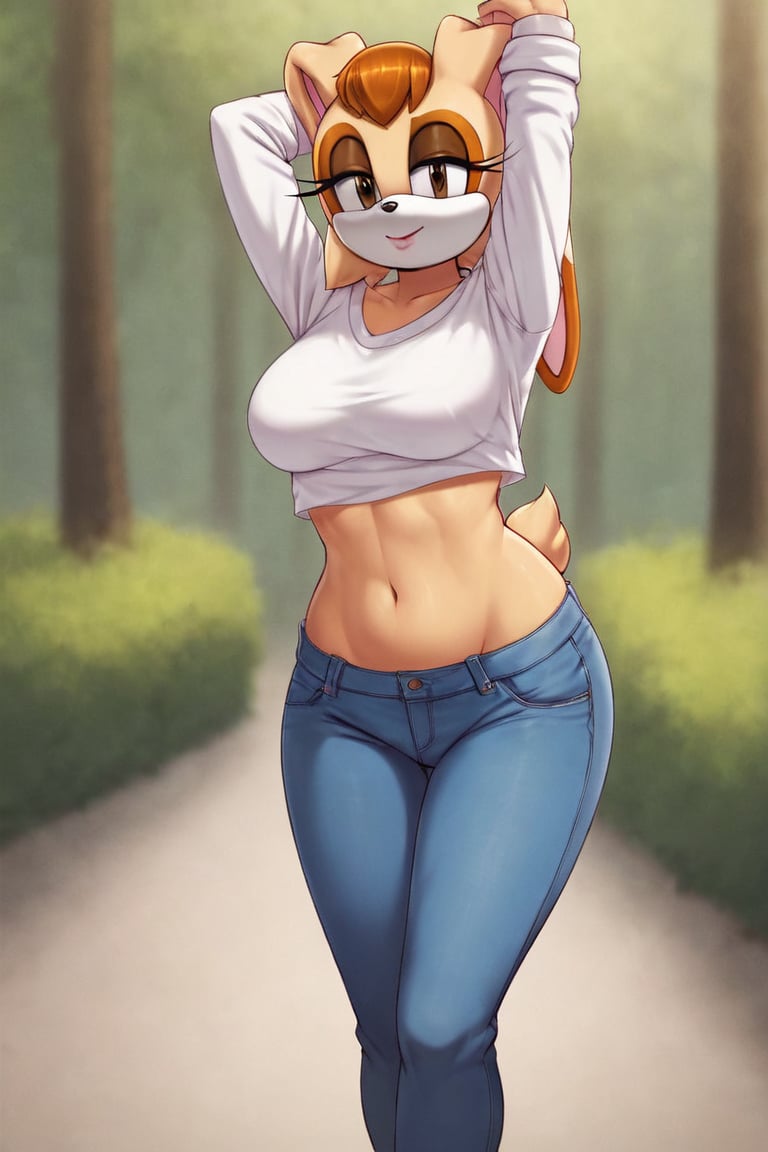 score_9, score_8_up, score_7_up, score_6_up, score_5_up, score_4_up, (Source sonic), (rating safe), vanilla the rabbit, 1girl, solo, outside, wearing blue jeans, white shirt, jacket, large breasts, brown eyes, looking at viewer, standing, outside, trees, fall weather,  , wide hips, rabbit girl, short hair, body fur, hands on hips, anime style,stomach_punch,arms up,cammystretch, stretching,flashing belly,sch00lg1rl