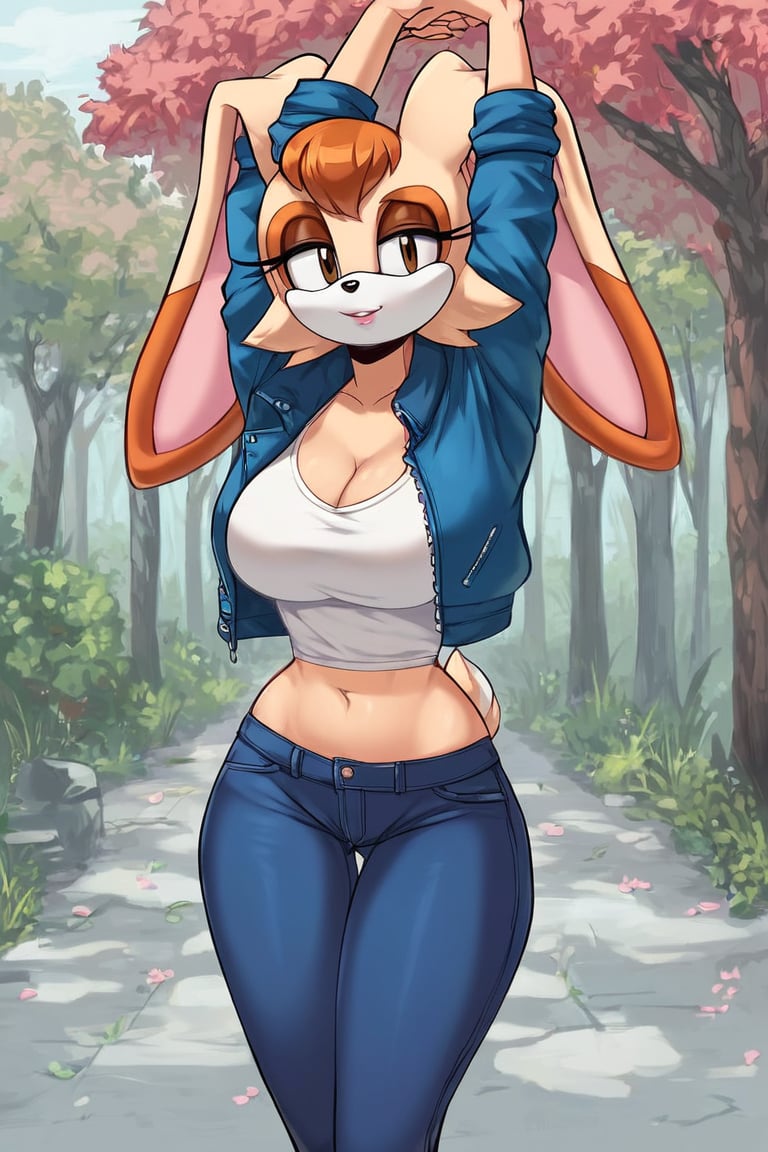 score_9, score_8_up, score_7_up, score_6_up, score_5_up, score_4_up, (Source sonic), (rating safe), vanilla the rabbit, 1girl, solo, outside, wearing blue jeans, white shirt, jacket, large breasts, brown eyes, looking at viewer, standing, outside, trees, fall weather,  , wide hips, rabbit girl, short hair, body fur, hands on hips, anime style,stomach_punch,arms up,cammystretch, stretching,flashing belly,sch00lg1rl,Sexy Girl