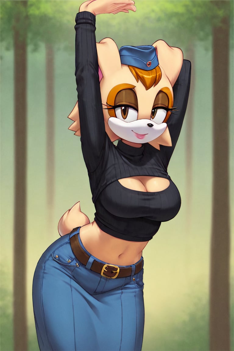 score_9, score_8_up, score_7_up, score_6_up, score_5_up, score_4_up, (Source sonic), (rating safe), vanilla the rabbit, 1girl, solo, outside, wearing blue jeans,  black sweater, shirt cutout, large breasts, brown eyes, looking at viewer, standing, outside, trees, fall weather,  , wide hips, rabbit girl, short hair, body fur, dynamic pose, anime style,flashing belly,cammystretch, stretching,leaning forward,arms up,stomach_punch,Soviet Military uniform,skirt,belt,garrison cap,skirt lift