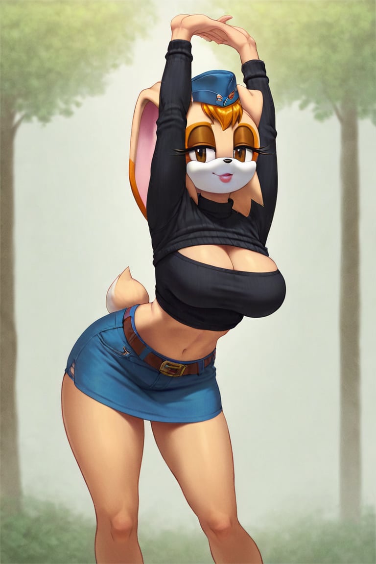 score_9, score_8_up, score_7_up, score_6_up, score_5_up, score_4_up, (Source sonic), (rating safe), vanilla the rabbit, 1girl, solo, outside, wearing blue jeans,  black sweater, shirt cutout, large breasts, brown eyes, looking at viewer, standing, outside, trees, fall weather,  , wide hips, rabbit girl, short hair, body fur, dynamic pose, anime style,flashing belly,cammystretch, stretching,leaning forward,arms up,stomach_punch,Soviet Military uniform,skirt,belt,garrison cap