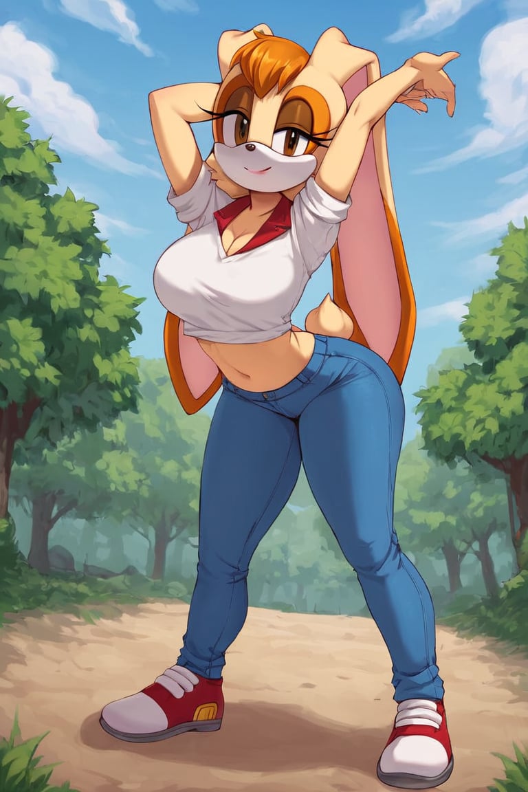 score_9, score_8_up, score_7_up, score_6_up, score_5_up, score_4_up, (Source sonic), (rating safe), vanilla the rabbit, 1girl, solo, outside, wearing blue jeans, white shirt, jacket, large breasts, brown eyes, looking at viewer, standing, outside, trees, fall weather,  , wide hips, rabbit girl, short hair, body fur, hands on hips, anime style,flashing belly,cammystretch, stretching,leaning forward,arms up