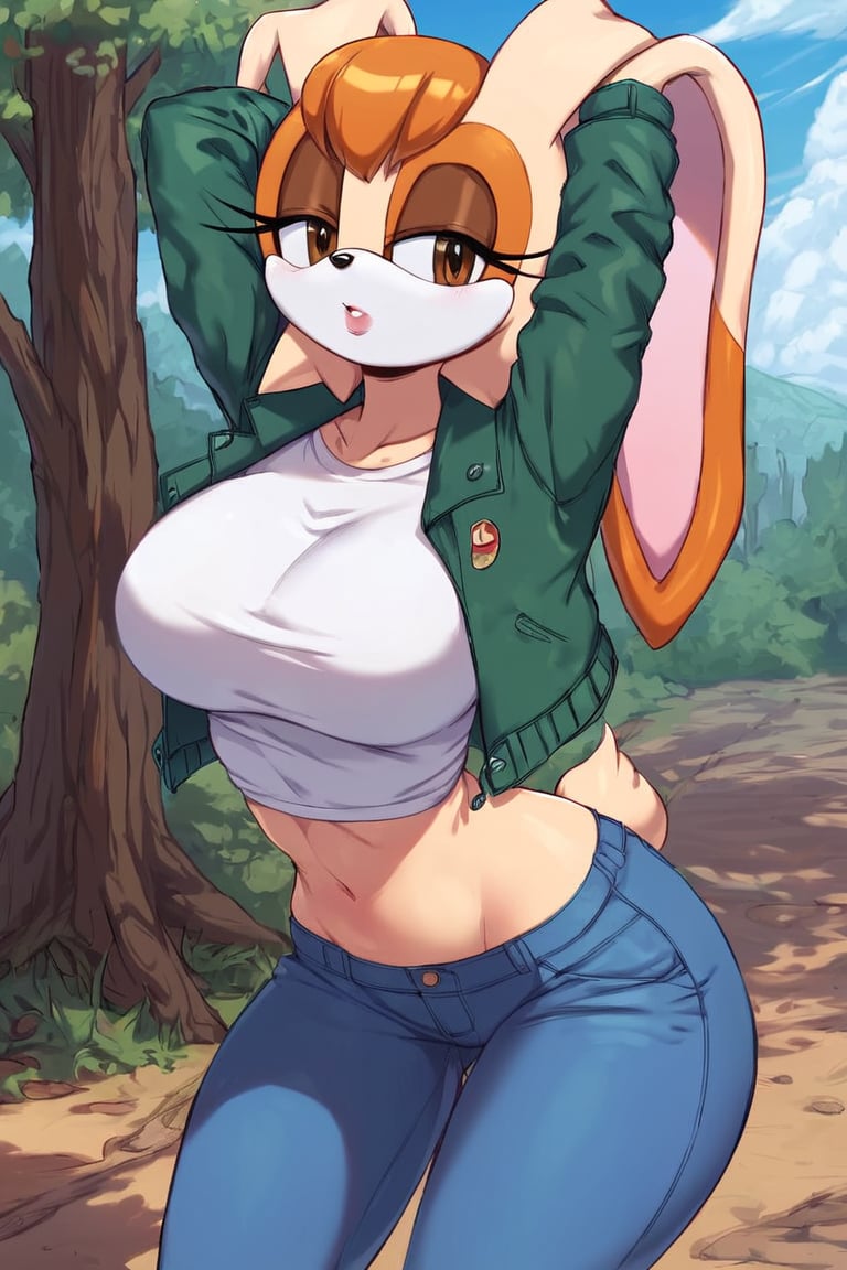 score_9, score_8_up, score_7_up, score_6_up, score_5_up, score_4_up, (Source sonic), (rating safe), vanilla the rabbit, 1girl, solo, outside, wearing blue jeans, white shirt, jacket, large breasts, brown eyes, looking at viewer, standing, outside, trees, fall weather,  , wide hips, rabbit girl, short hair, body fur, hands on hips, anime style,stomach_punch,arms up,cammystretch, stretching,flashing belly,sch00lg1rl,Sexy Girl