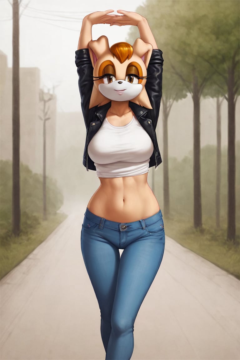 score_9, score_8_up, score_7_up, score_6_up, score_5_up, score_4_up, (Source sonic), (rating safe), vanilla the rabbit, 1girl, solo, outside, wearing blue jeans, white shirt, jacket, large breasts, brown eyes, looking at viewer, standing, outside, trees, fall weather,  , wide hips, rabbit girl, short hair, body fur, hands on hips, anime style,stomach_punch,arms up,cammystretch, stretching,flashing belly,sch00lg1rl